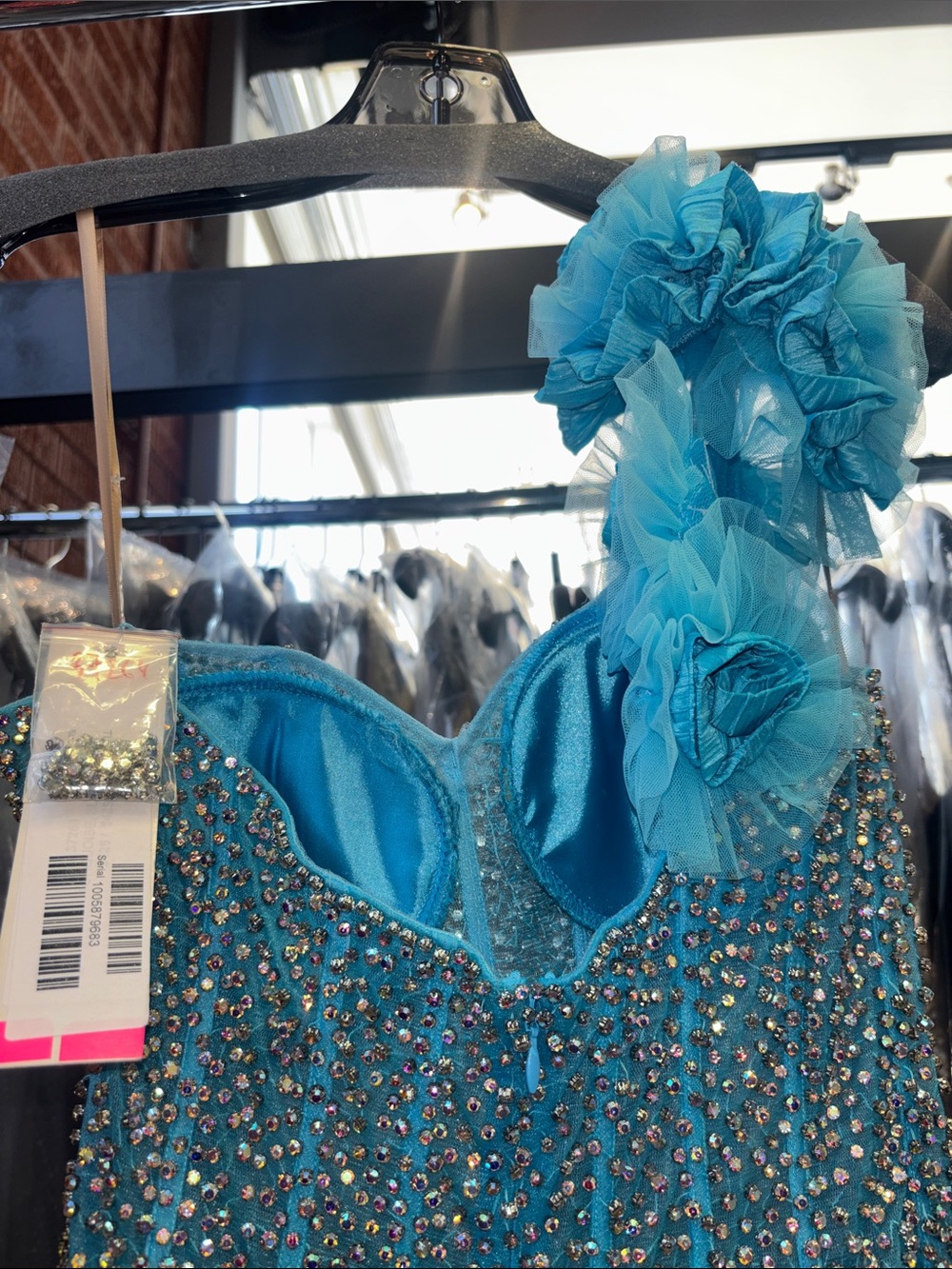 Jovani 37268 Turquoise One-Shoulder Beaded Mermaid Gown - Picture 4 of 7